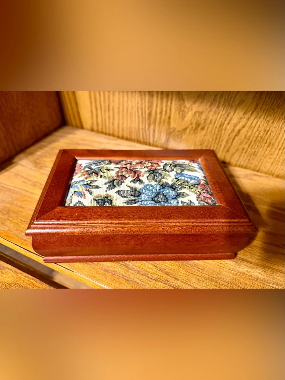Vintage Wooden Jewelry Box with Floral Needlepoint Top